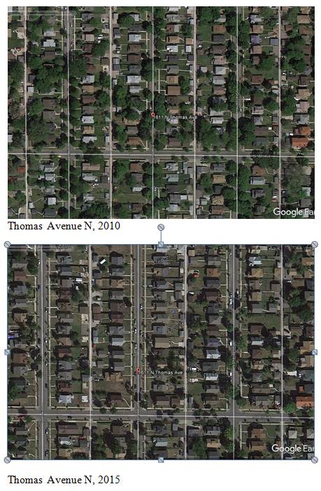 NoMi Before and After photo of tree coverage in Minneapolis due to 2012 Tornado and Emerald Ash Borer disease